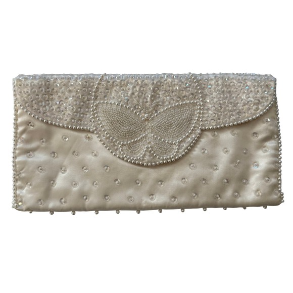 Bon Soir Beaded Clutch, Vintage Ivory Sequin Butterfly Evening Bag Purse - Picture 1 of 11
